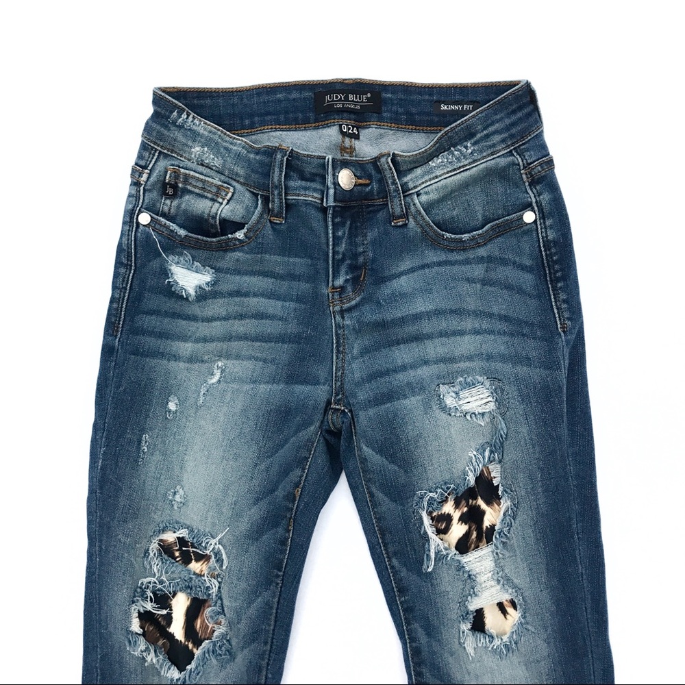 Judy Blue Cheetah Patched Ripped Skinny Jeans - Picture 2 of 8